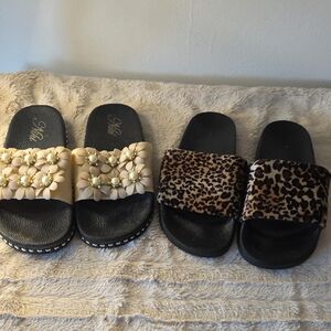 Beige Floral Pearl Slide Sandals & Leopard Slide Sandals - Black Soles